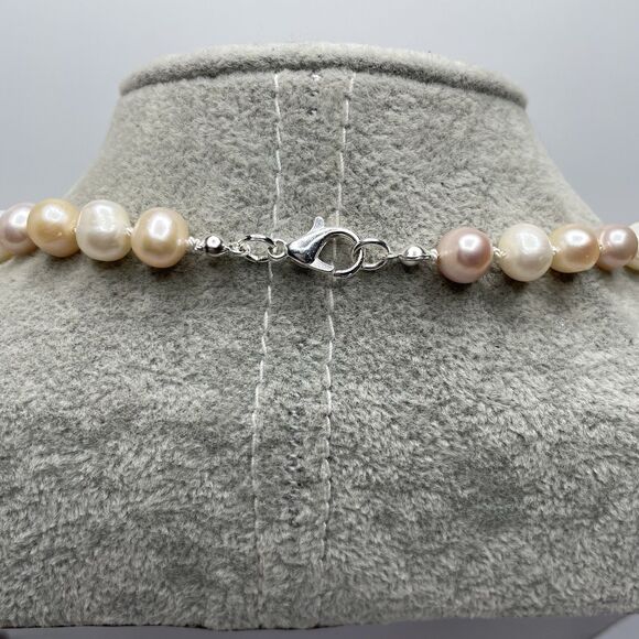 Bridal Tri Color Freshwater Pearl Beaded Silk Double Knotted Necklace Silver - Picture 7 of 8